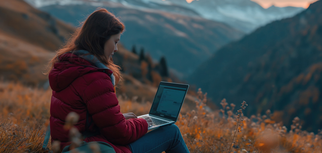 Woman with a MacBook computer outdoors
