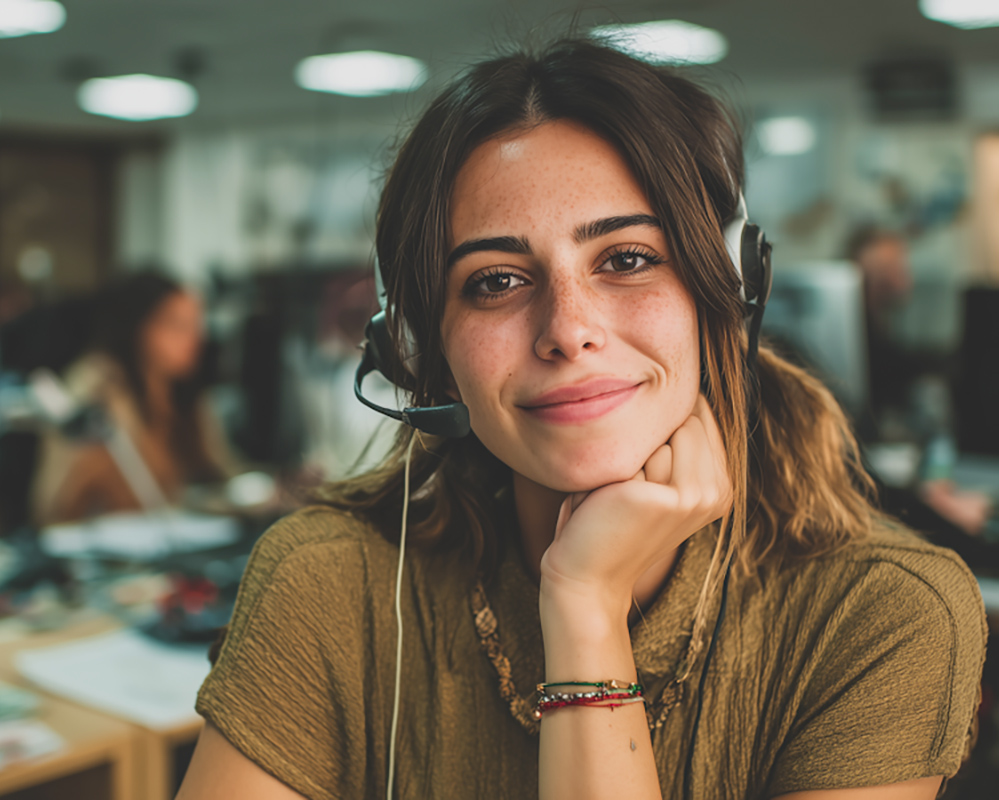 Support technician with headphones looking at the camera