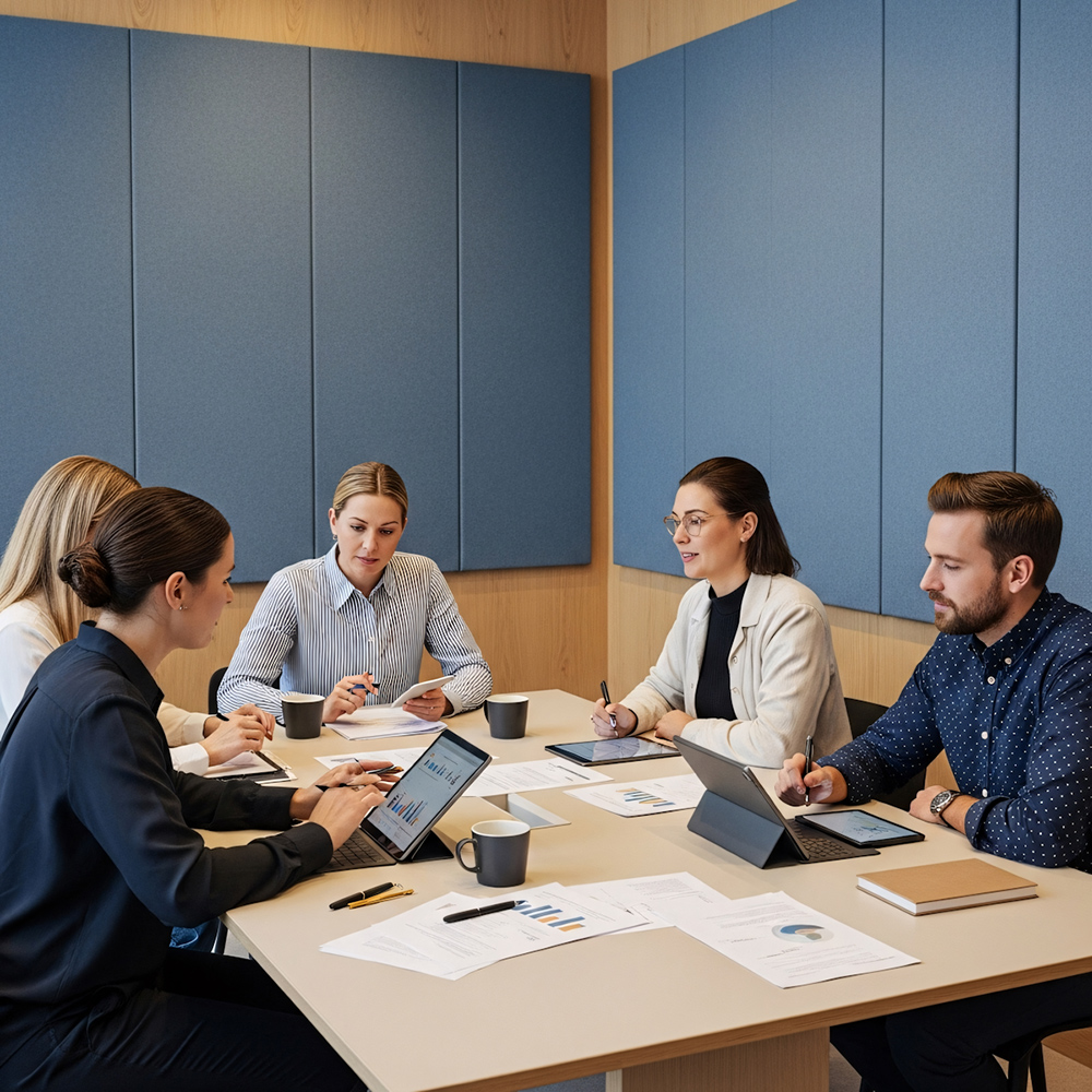 People at a meeting with several Apple devices