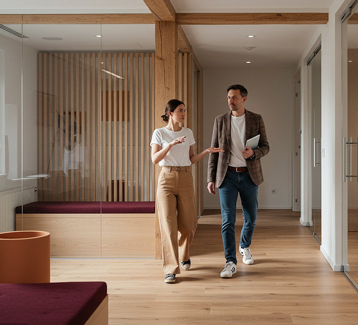 Workers holding an iPad walking in a modern office hallway